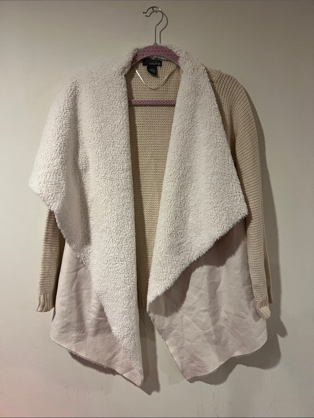 lola Cream & Beige Faux-Sherpa Draped Open Cardigan